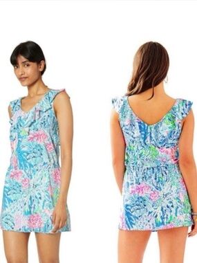 Lilly Pulitzer Alessa V Neck Ruffle Romper Sink Or Swim Blue Pink Small EUC
